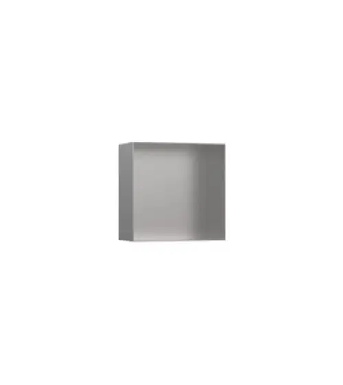 Rahmenlose Wandnische aus Edelstahl mit gebürsteter Oberfläche. Das Produkt von Hansgrohe zeigt eine praktische, minimalistische Gestaltung für Wandinstallationen.